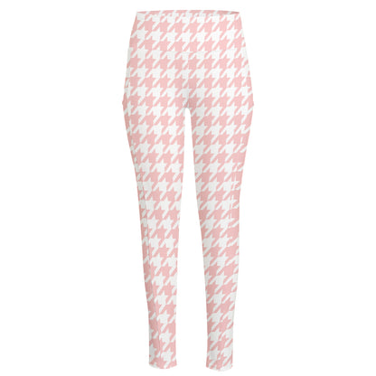 Pastel Pink And White Houndstooth Print High-Waisted Pocket Leggings