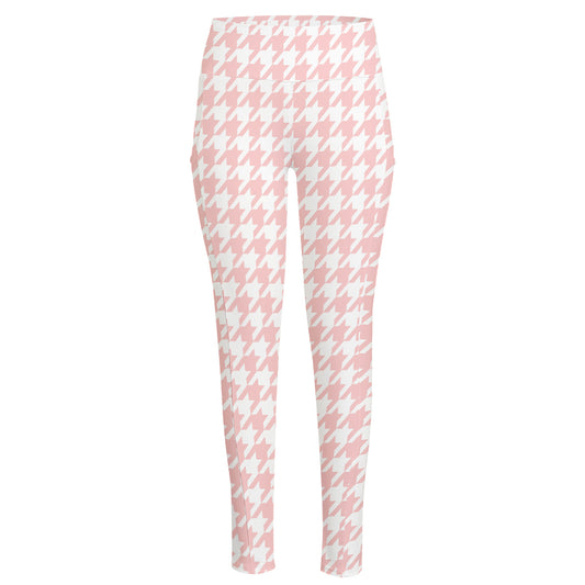 Pastel Pink And White Houndstooth Print High-Waisted Pocket Leggings