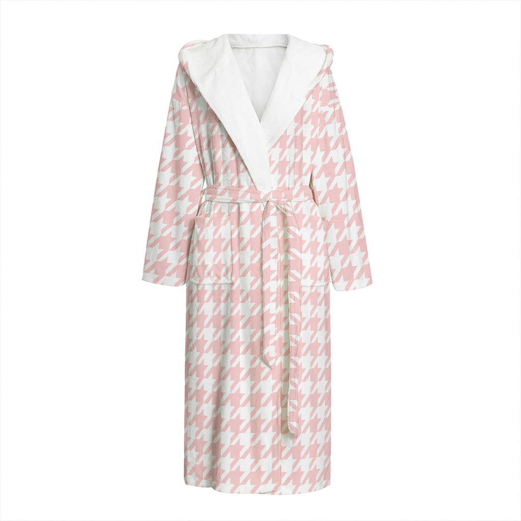 Pastel Pink And White Houndstooth Print Hooded Bathrobe