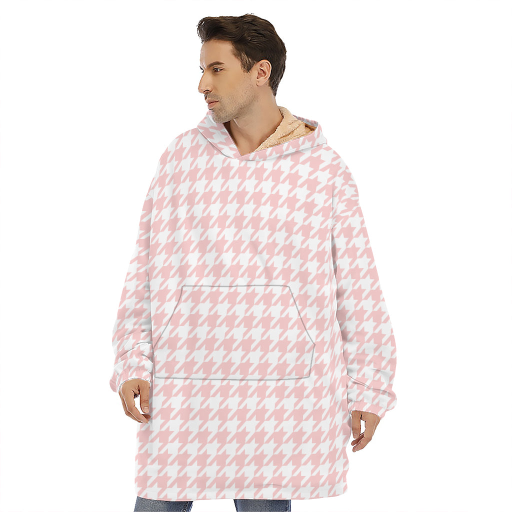 Pastel Pink And White Houndstooth Print Hoodie Blanket
