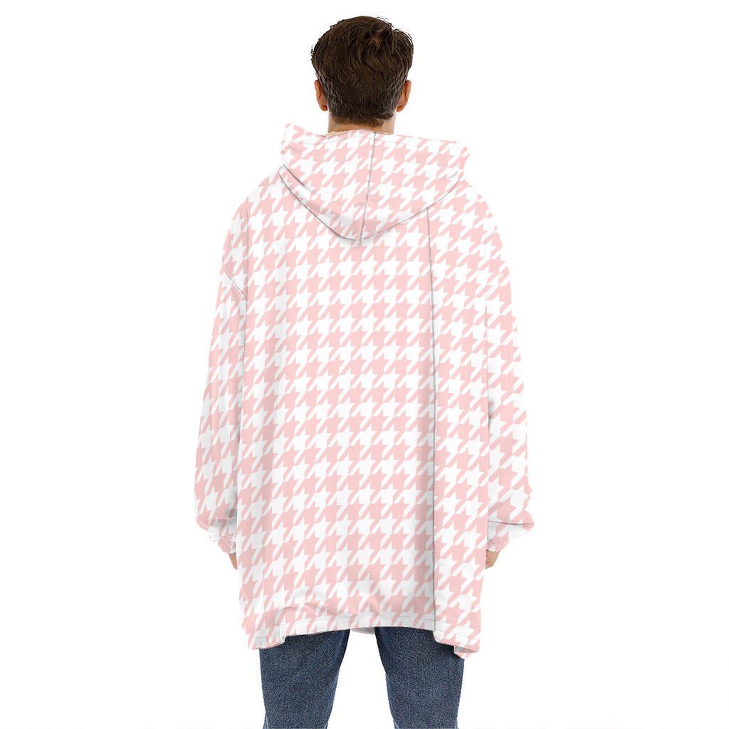 Pastel Pink And White Houndstooth Print Hoodie Blanket