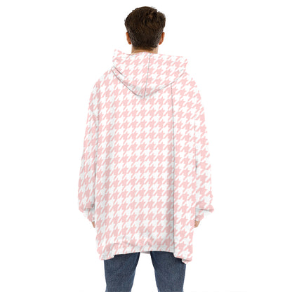 Pastel Pink And White Houndstooth Print Hoodie Blanket