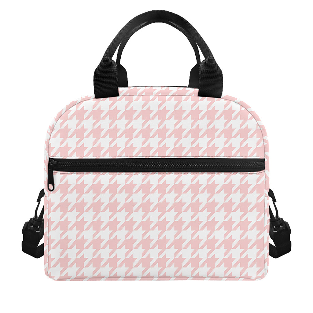 Pastel Pink And White Houndstooth Print Insulated Lunch Bag