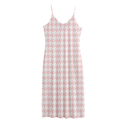 Pastel Pink And White Houndstooth Print Jersey Midi Cami Dress