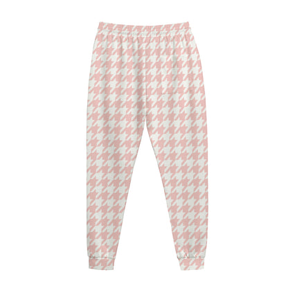 Pastel Pink And White Houndstooth Print Jogger Pants