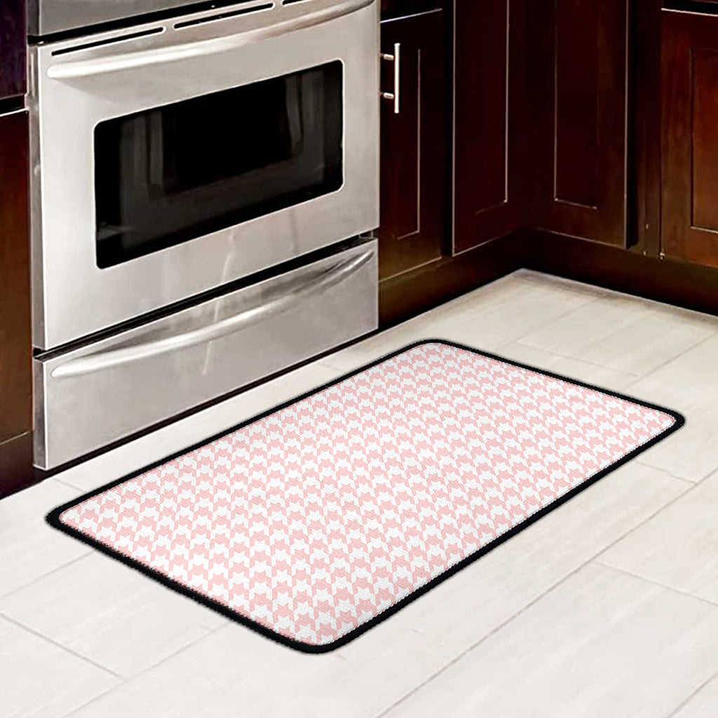 Pastel Pink And White Houndstooth Print Kitchen Mat