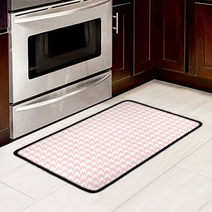 Pastel Pink And White Houndstooth Print Kitchen Mat