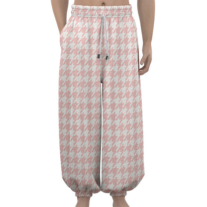 Pastel Pink And White Houndstooth Print Lantern Pants