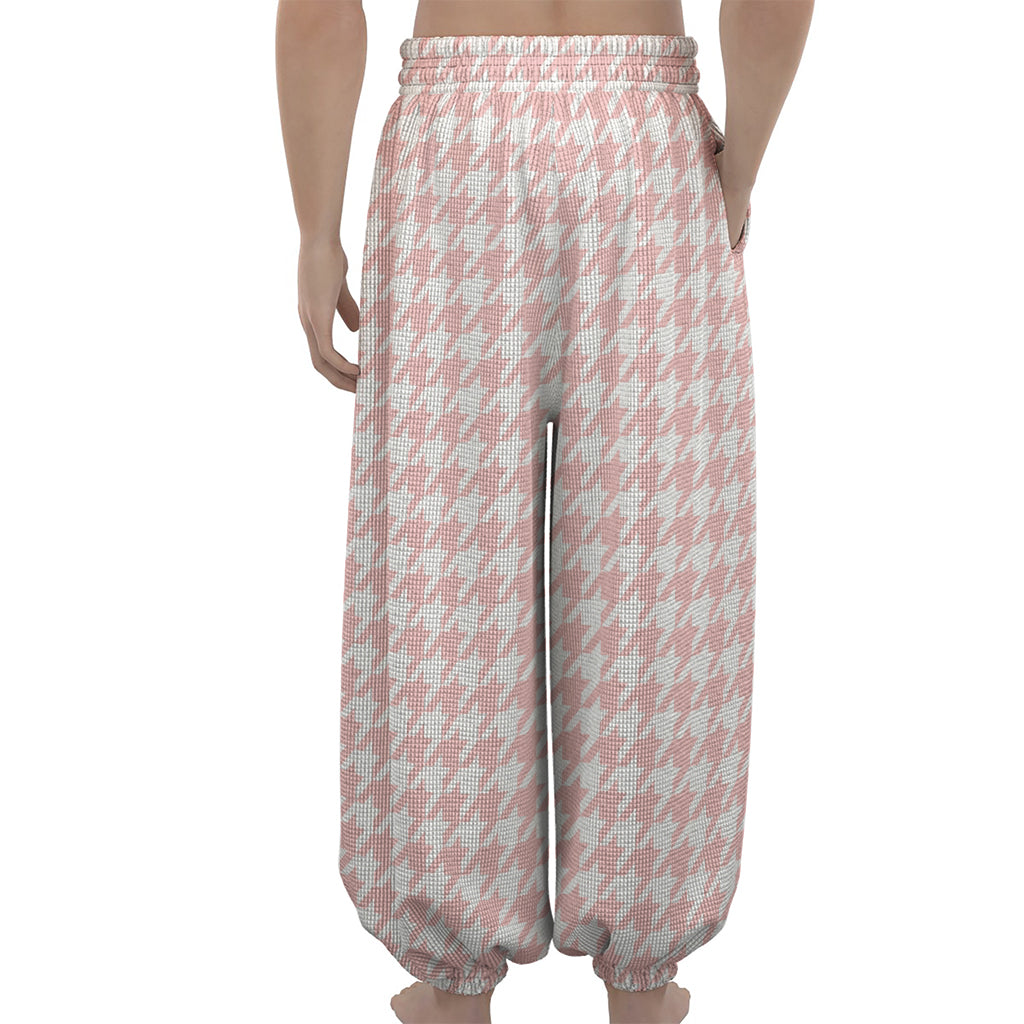 Pastel Pink And White Houndstooth Print Lantern Pants