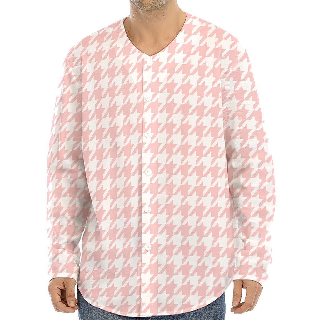 Pastel Pink And White Houndstooth Print Long Sleeve Baseball Jersey