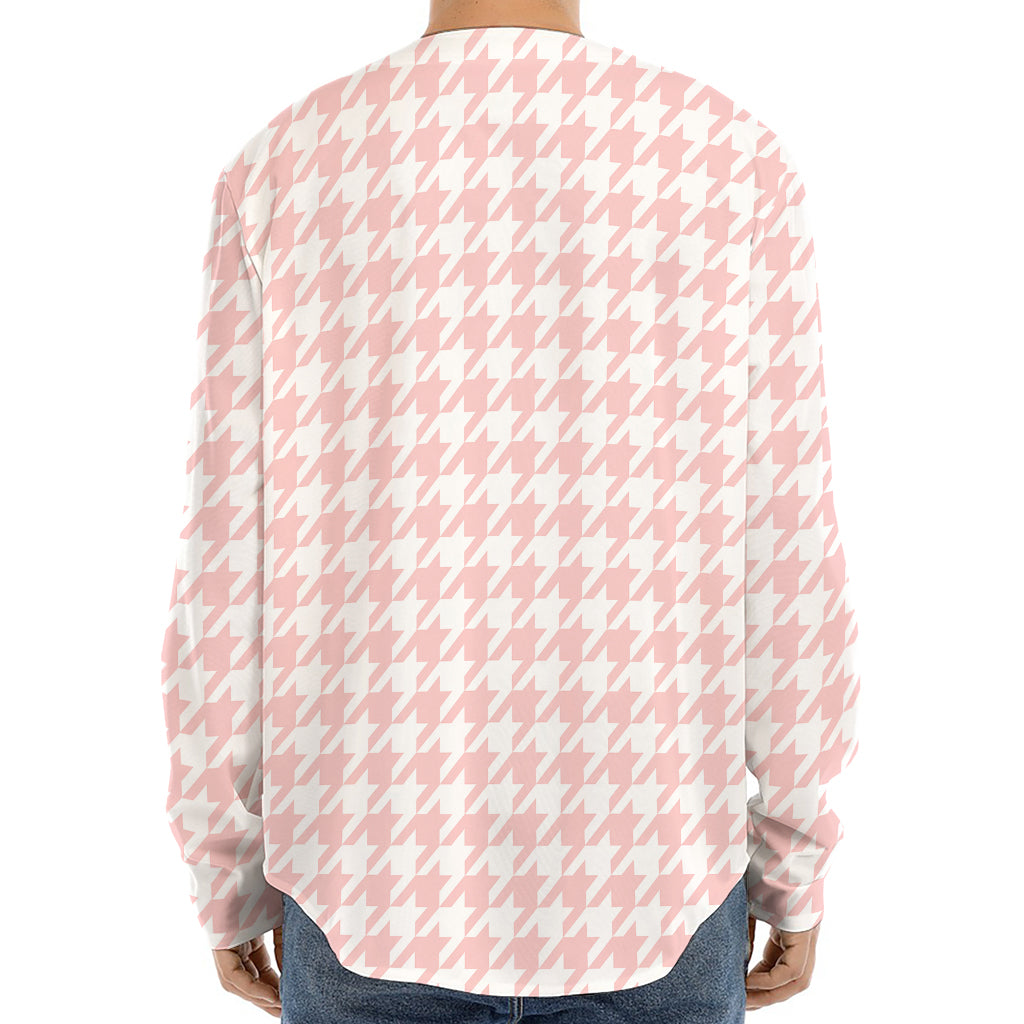 Pastel Pink And White Houndstooth Print Long Sleeve Baseball Jersey