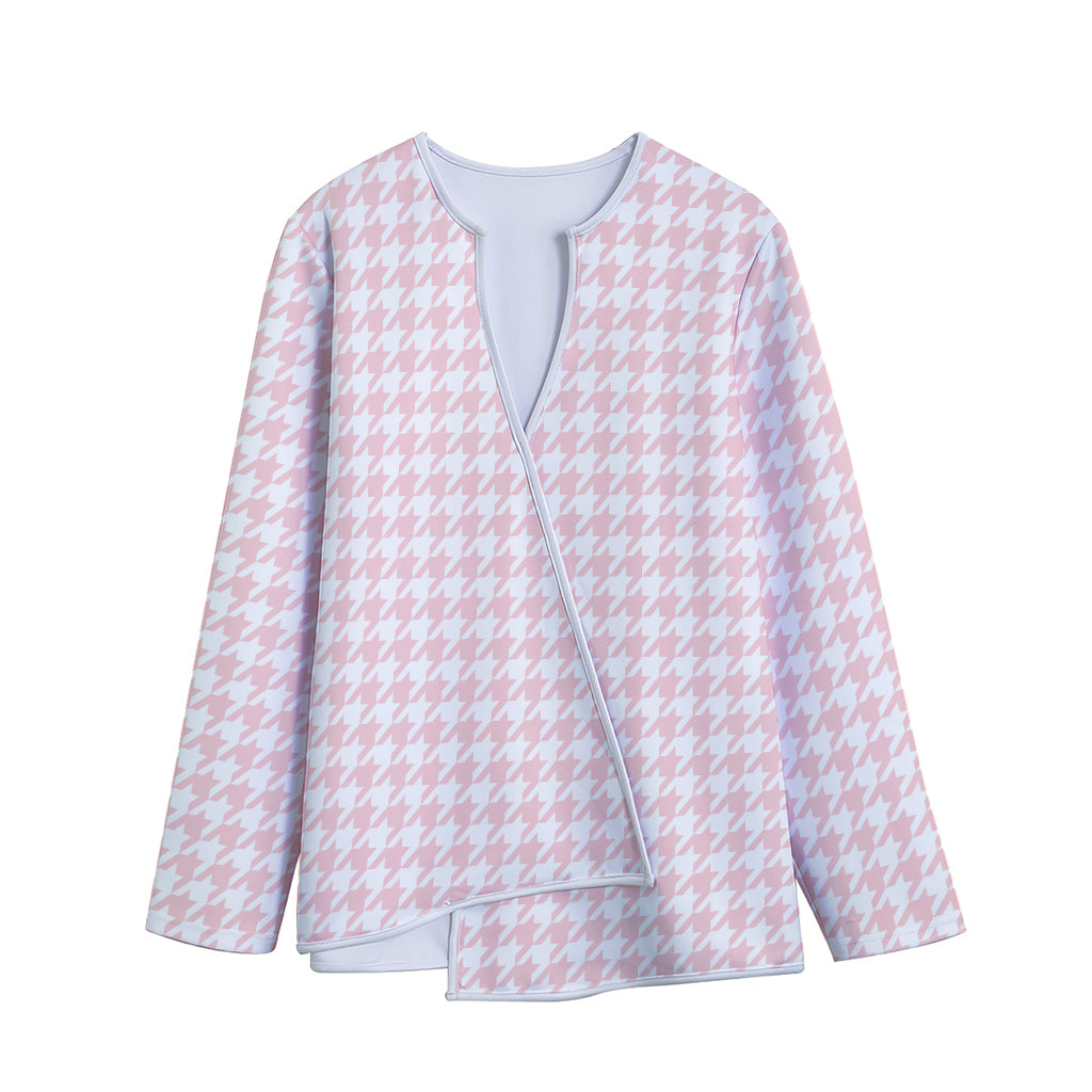 Pastel Pink And White Houndstooth Print Long Sleeve Short Coat