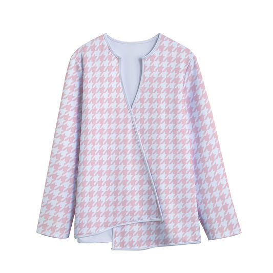 Pastel Pink And White Houndstooth Print Long Sleeve Short Coat