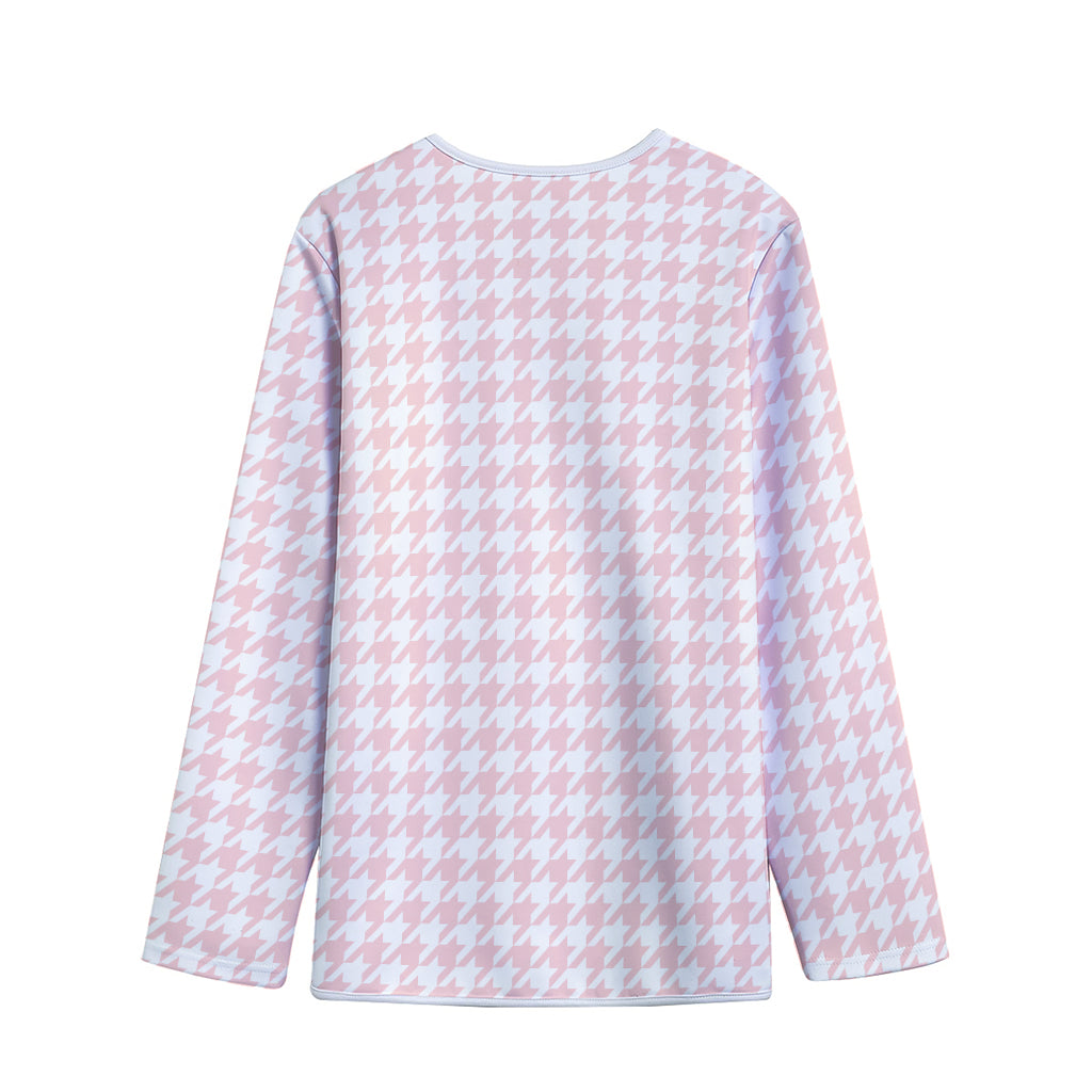 Pastel Pink And White Houndstooth Print Long Sleeve Short Coat
