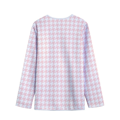 Pastel Pink And White Houndstooth Print Long Sleeve Short Coat