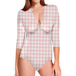 Pastel Pink And White Houndstooth Print Long Sleeve Swimsuit