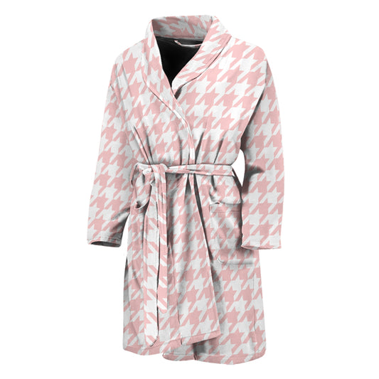 Pastel Pink And White Houndstooth Print Men's Bathrobe