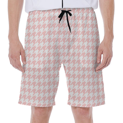 Pastel Pink And White Houndstooth Print Men's Beach Shorts