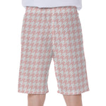 Pastel Pink And White Houndstooth Print Men's Beach Shorts