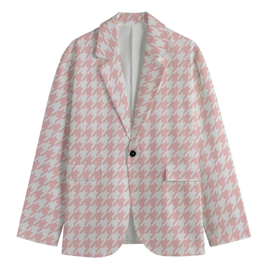 Pastel Pink And White Houndstooth Print Men's Blazer