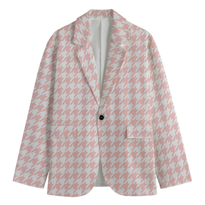 Pastel Pink And White Houndstooth Print Men's Blazer