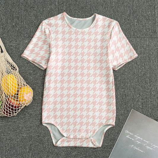 Pastel Pink And White Houndstooth Print Men's Bodysuit