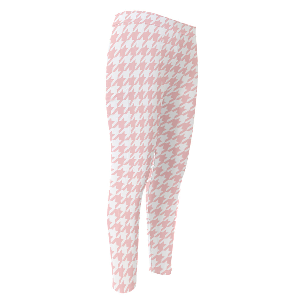 Pastel Pink And White Houndstooth Print Men's Compression Pants