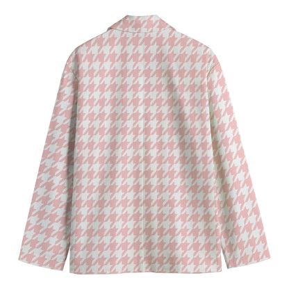 Pastel Pink And White Houndstooth Print Men's Cotton Blazer