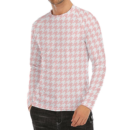 Pastel Pink And White Houndstooth Print Men's Long Sleeve Rash Guard