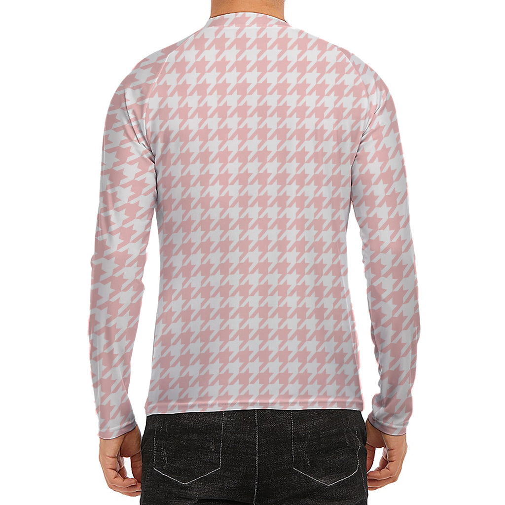 Pastel Pink And White Houndstooth Print Men's Long Sleeve Rash Guard