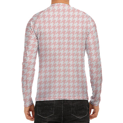 Pastel Pink And White Houndstooth Print Men's Long Sleeve Rash Guard