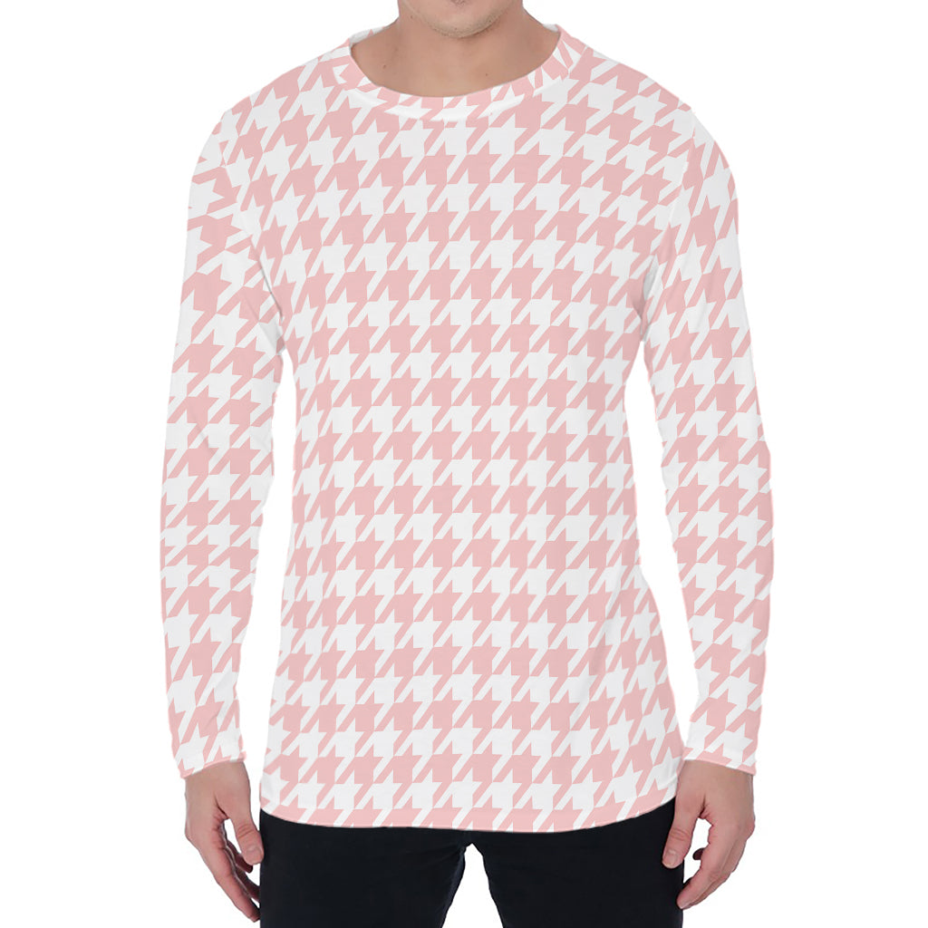 Pastel Pink And White Houndstooth Print Men's Long Sleeve T-Shirt