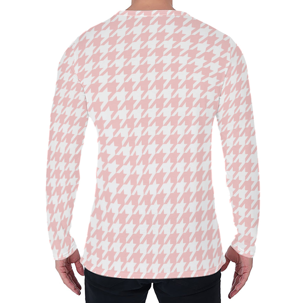 Pastel Pink And White Houndstooth Print Men's Long Sleeve T-Shirt