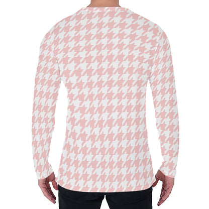 Pastel Pink And White Houndstooth Print Men's Long Sleeve T-Shirt