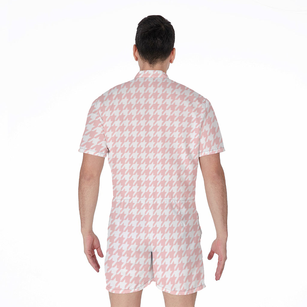 Pastel Pink And White Houndstooth Print Men's Rompers