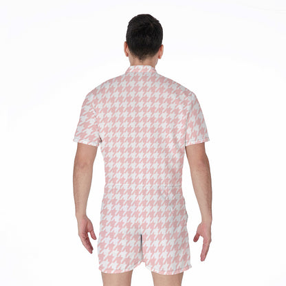 Pastel Pink And White Houndstooth Print Men's Rompers