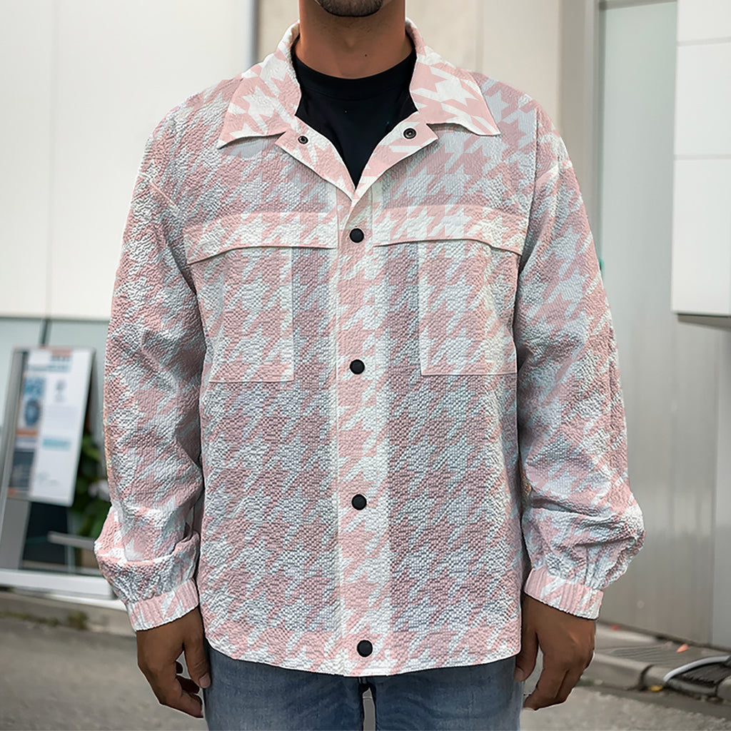 Pastel Pink And White Houndstooth Print Men's Shirt Jacket