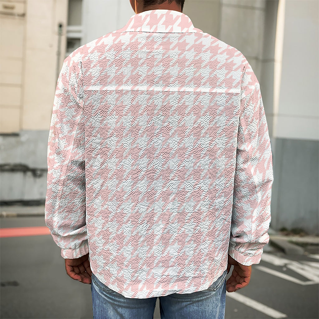 Pastel Pink And White Houndstooth Print Men's Shirt Jacket