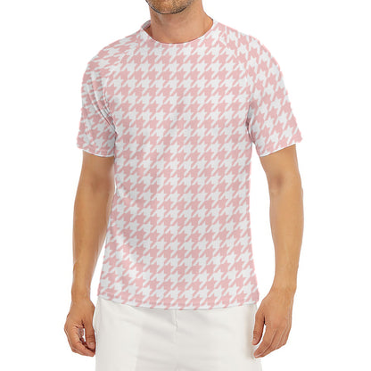 Pastel Pink And White Houndstooth Print Men's Short Sleeve Rash Guard