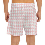 Pastel Pink And White Houndstooth Print Men's Split Running Shorts