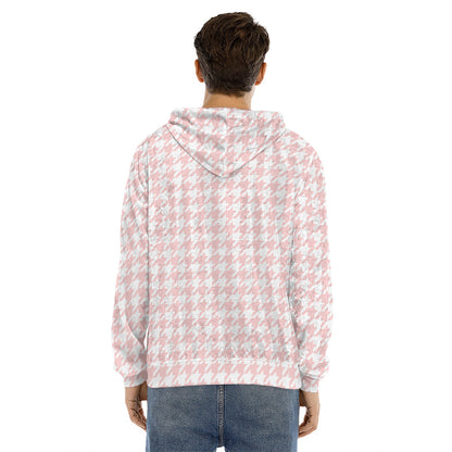 Pastel Pink And White Houndstooth Print Men's Velvet Pullover Hoodie