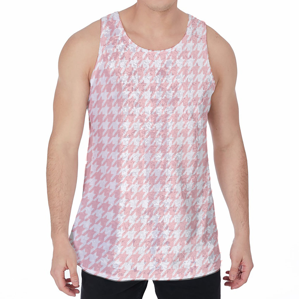 Pastel Pink And White Houndstooth Print Men's Velvet Tank Top