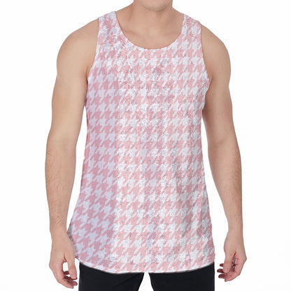 Pastel Pink And White Houndstooth Print Men's Velvet Tank Top