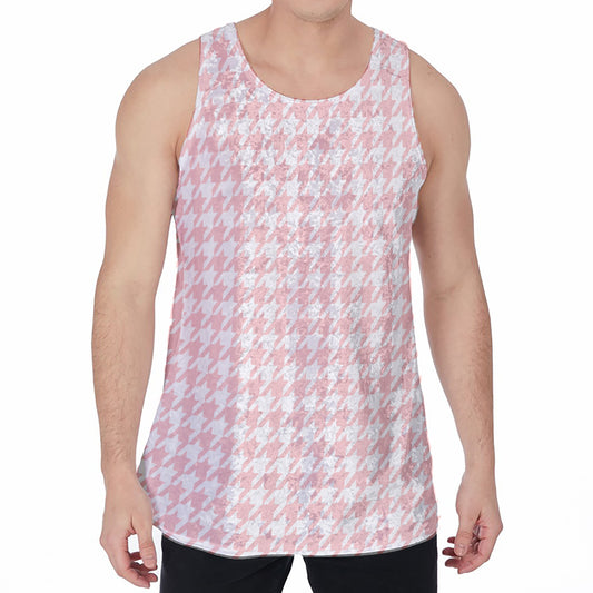Pastel Pink And White Houndstooth Print Men's Velvet Tank Top