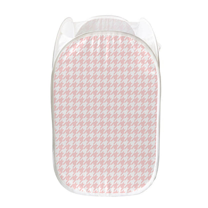 Pastel Pink And White Houndstooth Print Mesh Laundry Hamper
