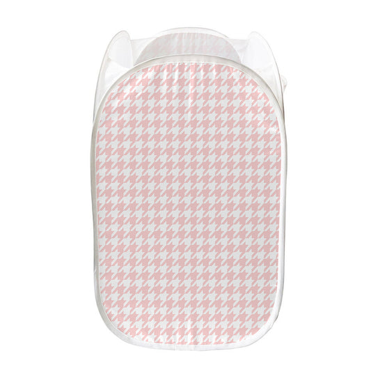 Pastel Pink And White Houndstooth Print Mesh Laundry Hamper