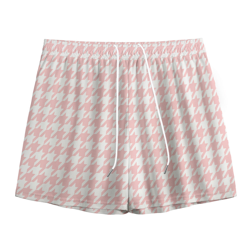Pastel Pink And White Houndstooth Print Mesh Shorts