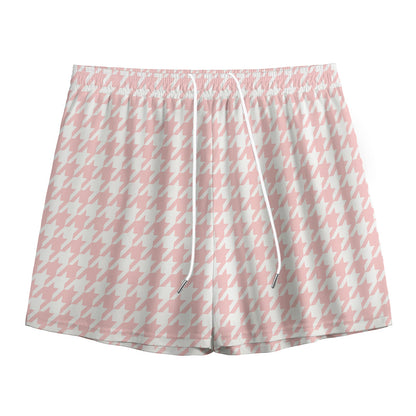 Pastel Pink And White Houndstooth Print Mesh Shorts