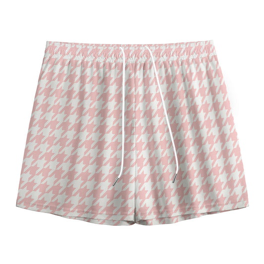Pastel Pink And White Houndstooth Print Mesh Shorts