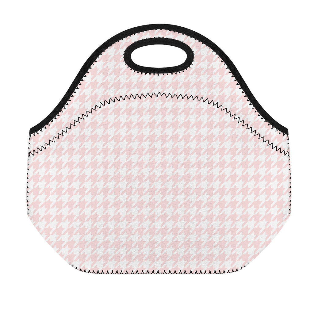 Pastel Pink And White Houndstooth Print Neoprene Lunch Bag